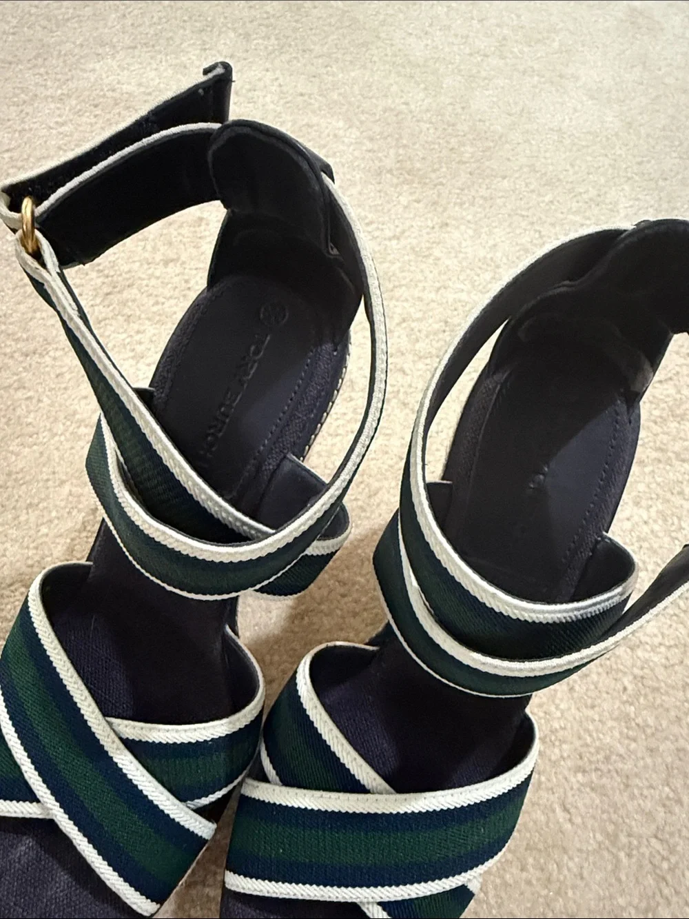Tory Burch Black and Cream Espadrille Wedge Sandals